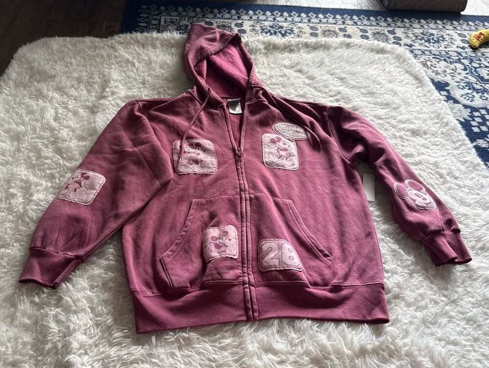 Disney Mickey Mouse & Minnie Character Patch Full-Zip Maroon Hoodie